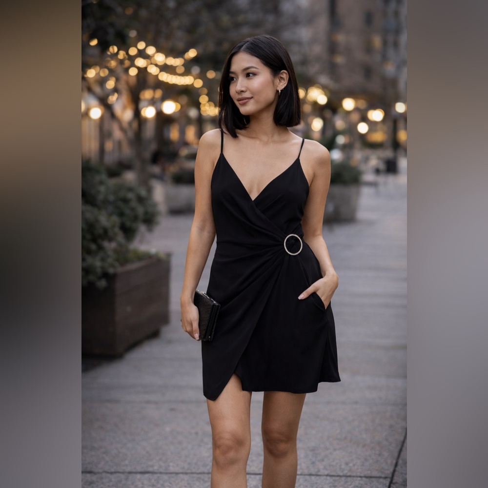 Leyden Women’s Black O-Ring Mini Wrap Dress XL New With Tags
